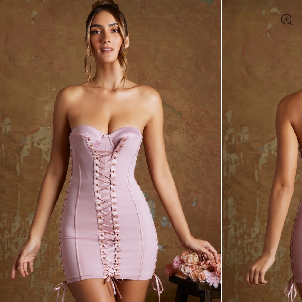 Oh Polly lace up corset bandeau micro mini dress in Mauve size 4